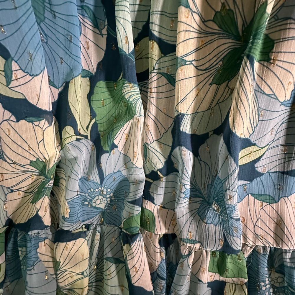 STUNNING!!! NWOT Floral Blue and Green Maxi Dress with gold thread detailing.